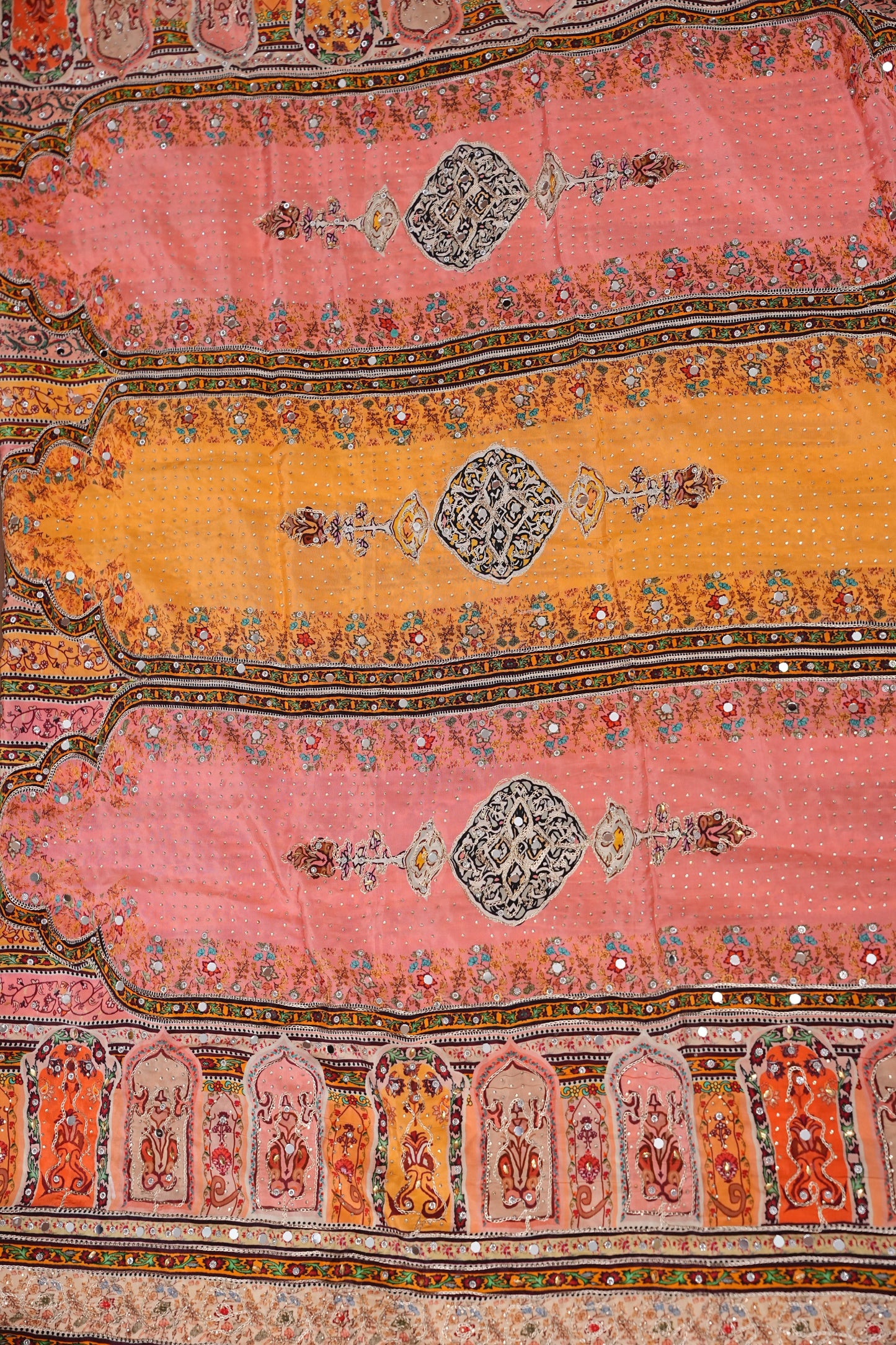 Peach, Mustard Yellow & Multicolour Heritage Print Party Wear Saree
