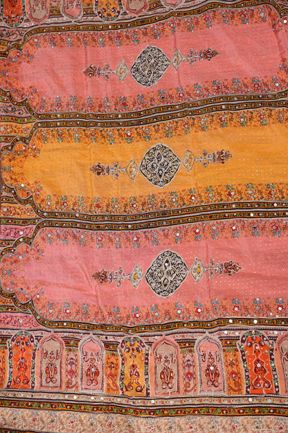 Peach, Mustard Yellow & Multicolour Heritage Print Party Wear Saree