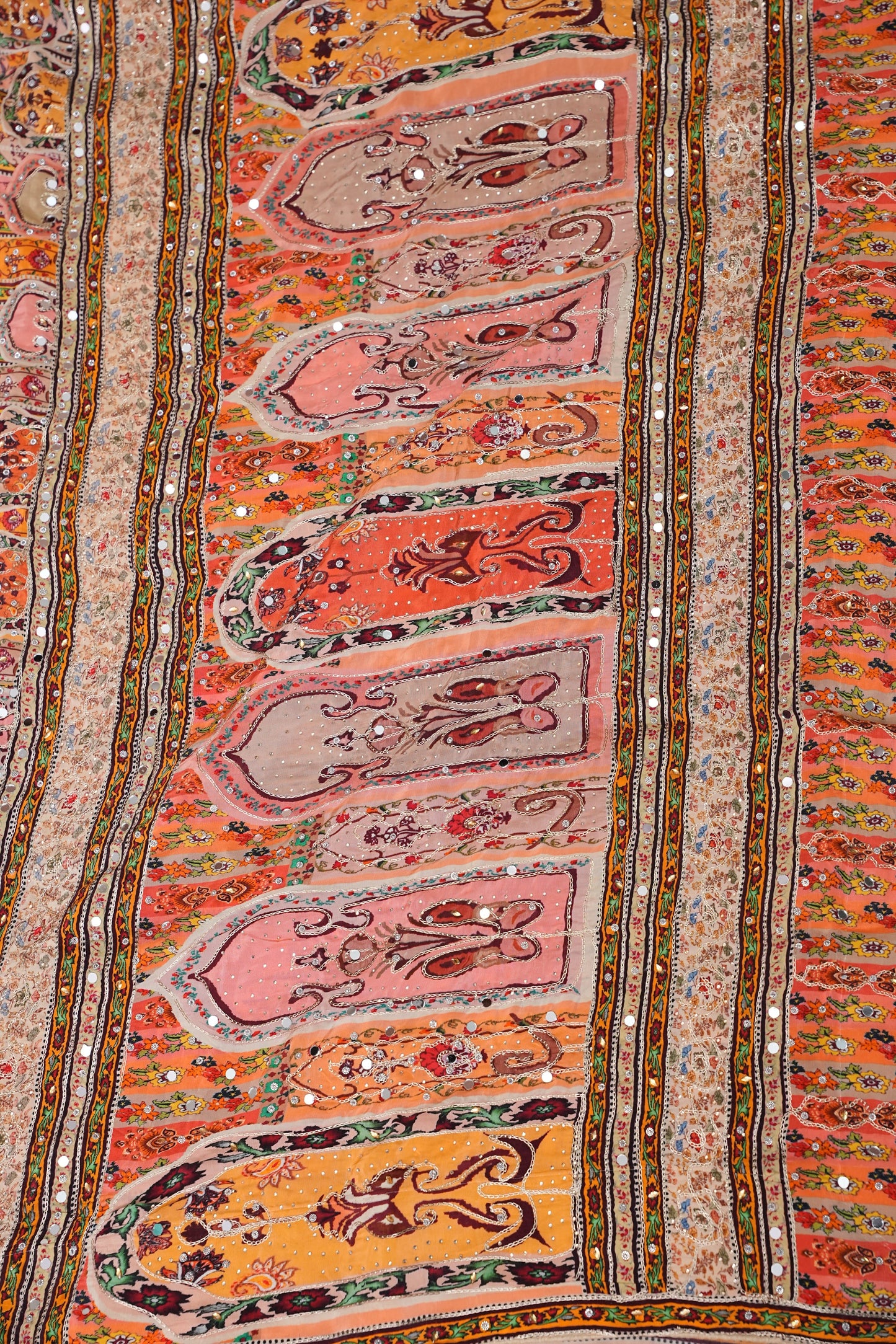 Peach, Mustard Yellow & Multicolour Heritage Print Party Wear Saree