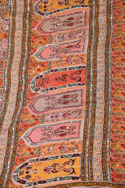 Peach, Mustard Yellow & Multicolour Heritage Print Party Wear Saree