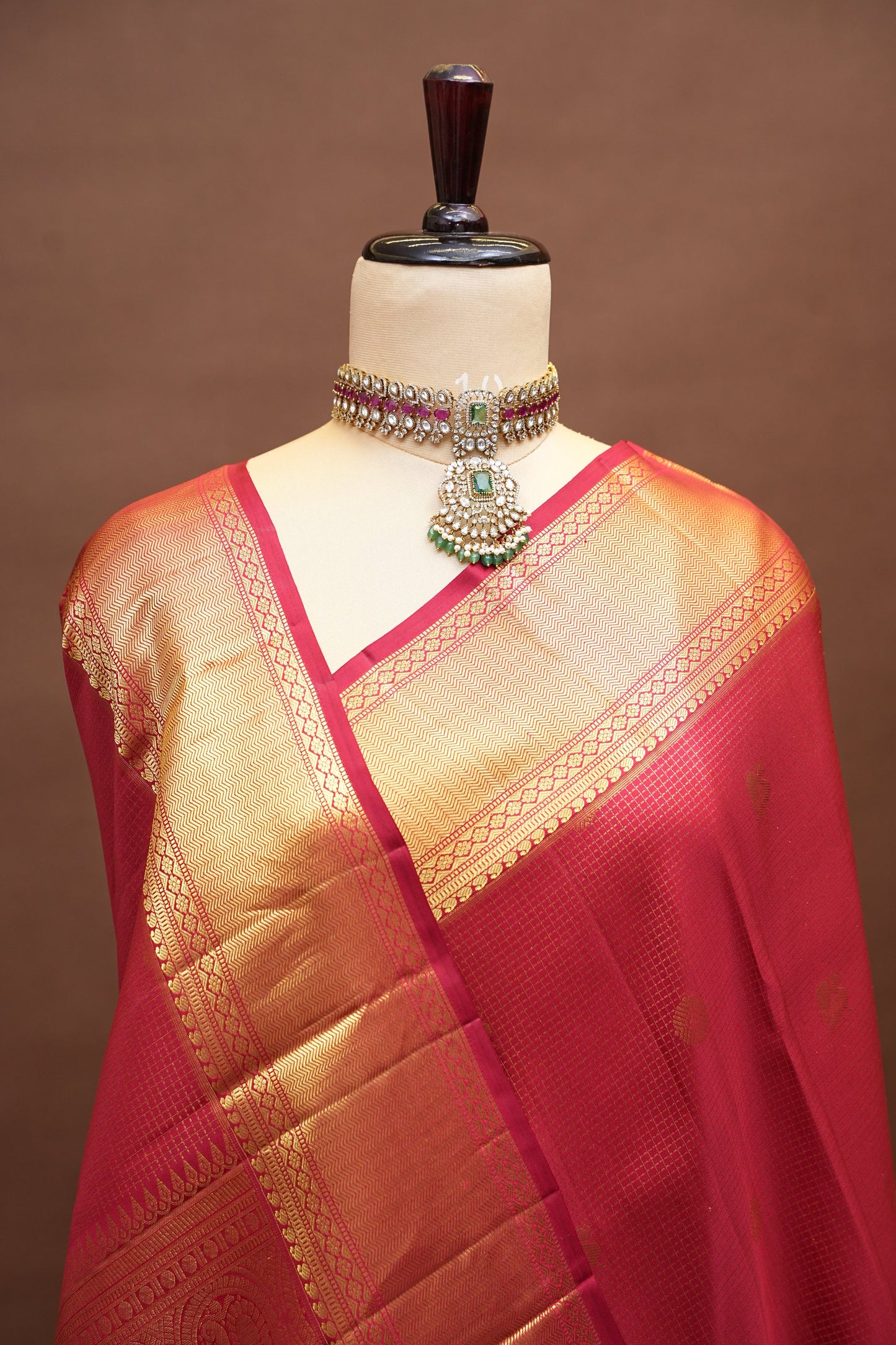 Pure Kanchipuram Silk Saree with 1 Gram Gold Zari Weave - Deep Red