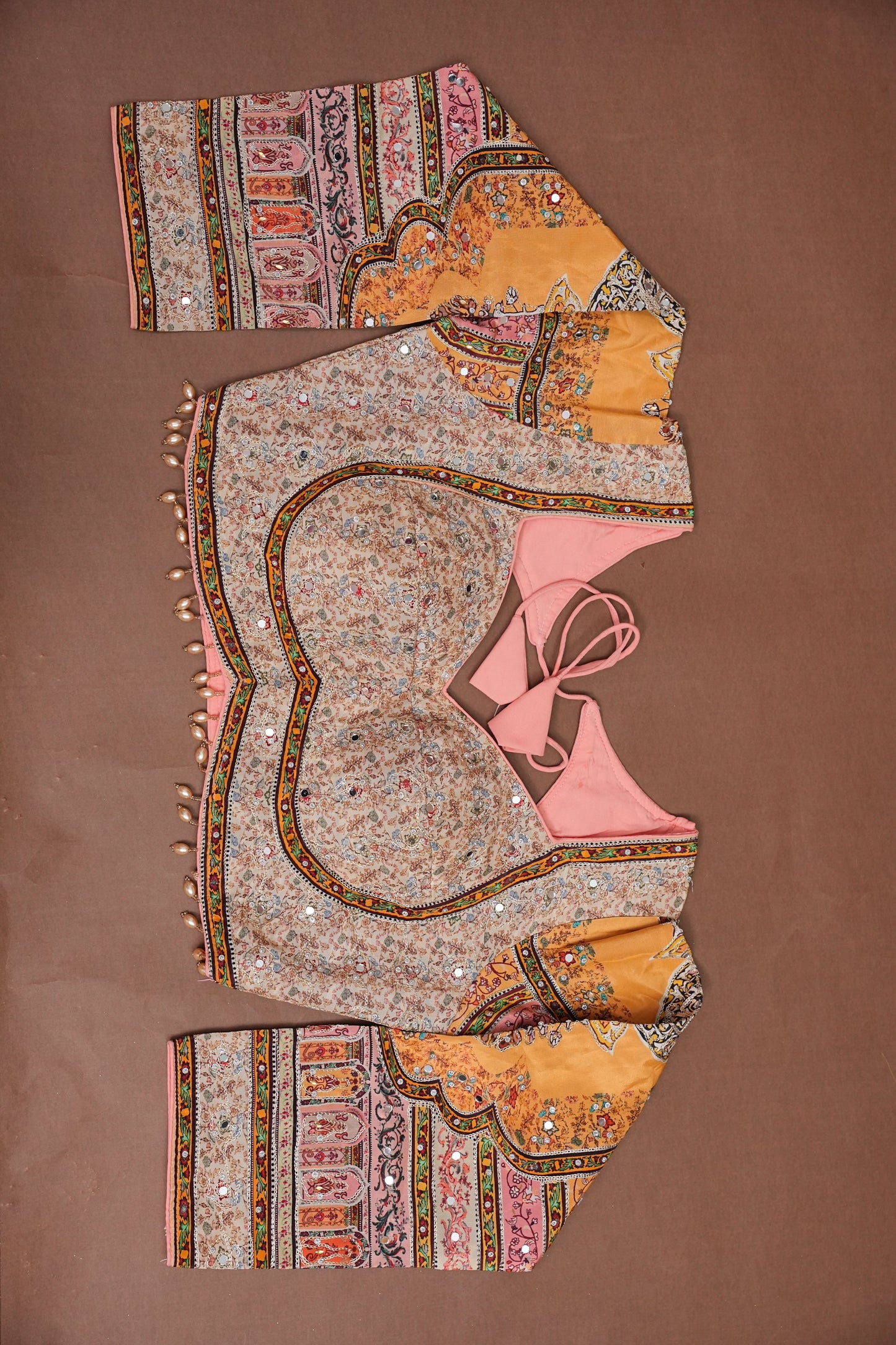 Peach, Mustard Yellow & Multicolour Heritage Print Party Wear Saree