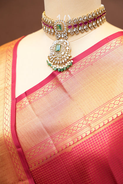 Pure Kanchipuram Silk Saree with 1 Gram Gold Zari Weave - Deep Red