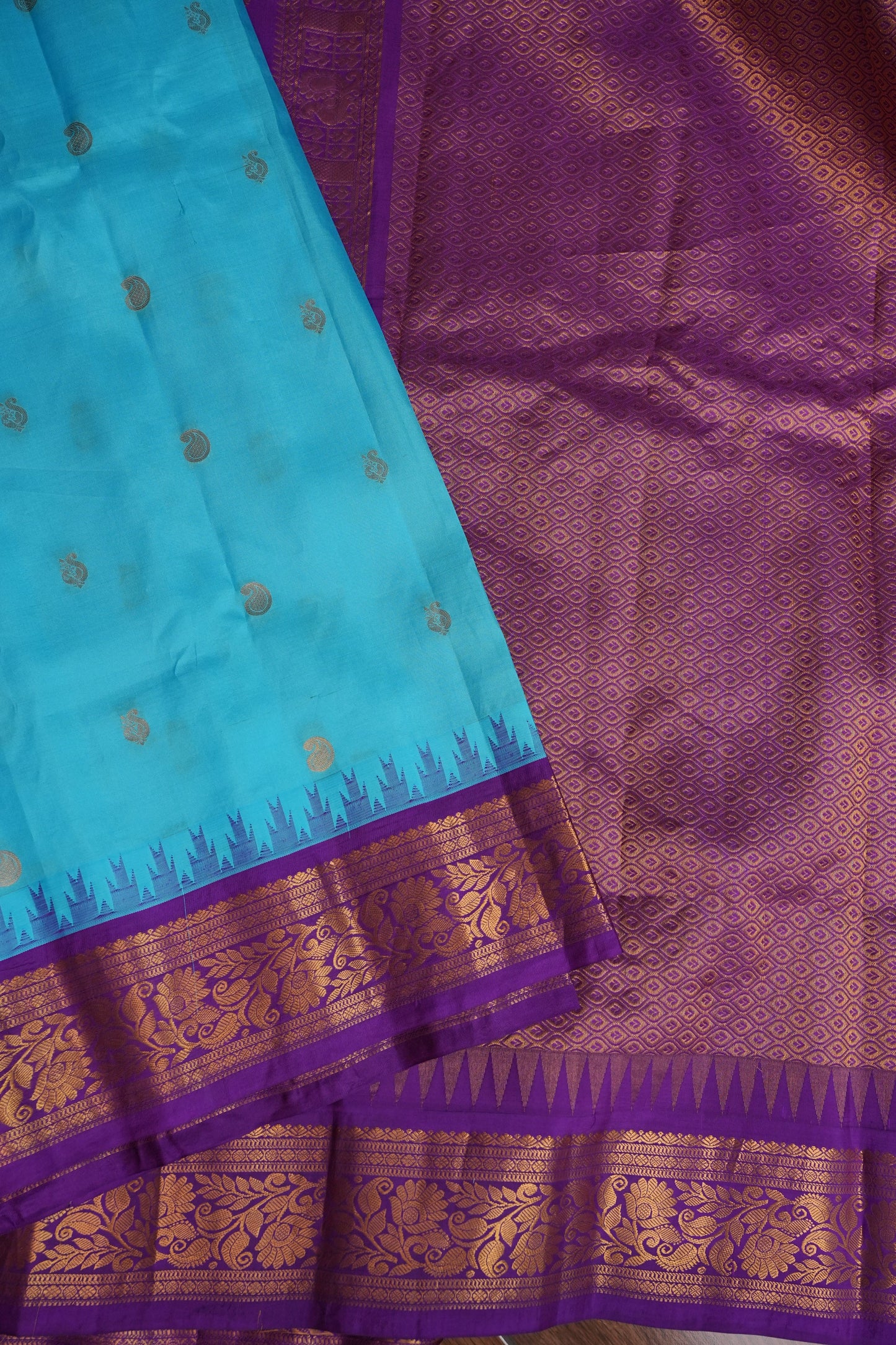 Pure Gadwal Silk Saree - Turquoise Blue with Deep Purple|Silk Mark Certified