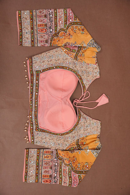 Peach, Mustard Yellow & Multicolour Heritage Print Party Wear Saree