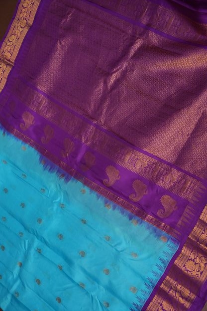 Pure Gadwal Silk Saree - Turquoise Blue with Deep Purple|Silk Mark Certified