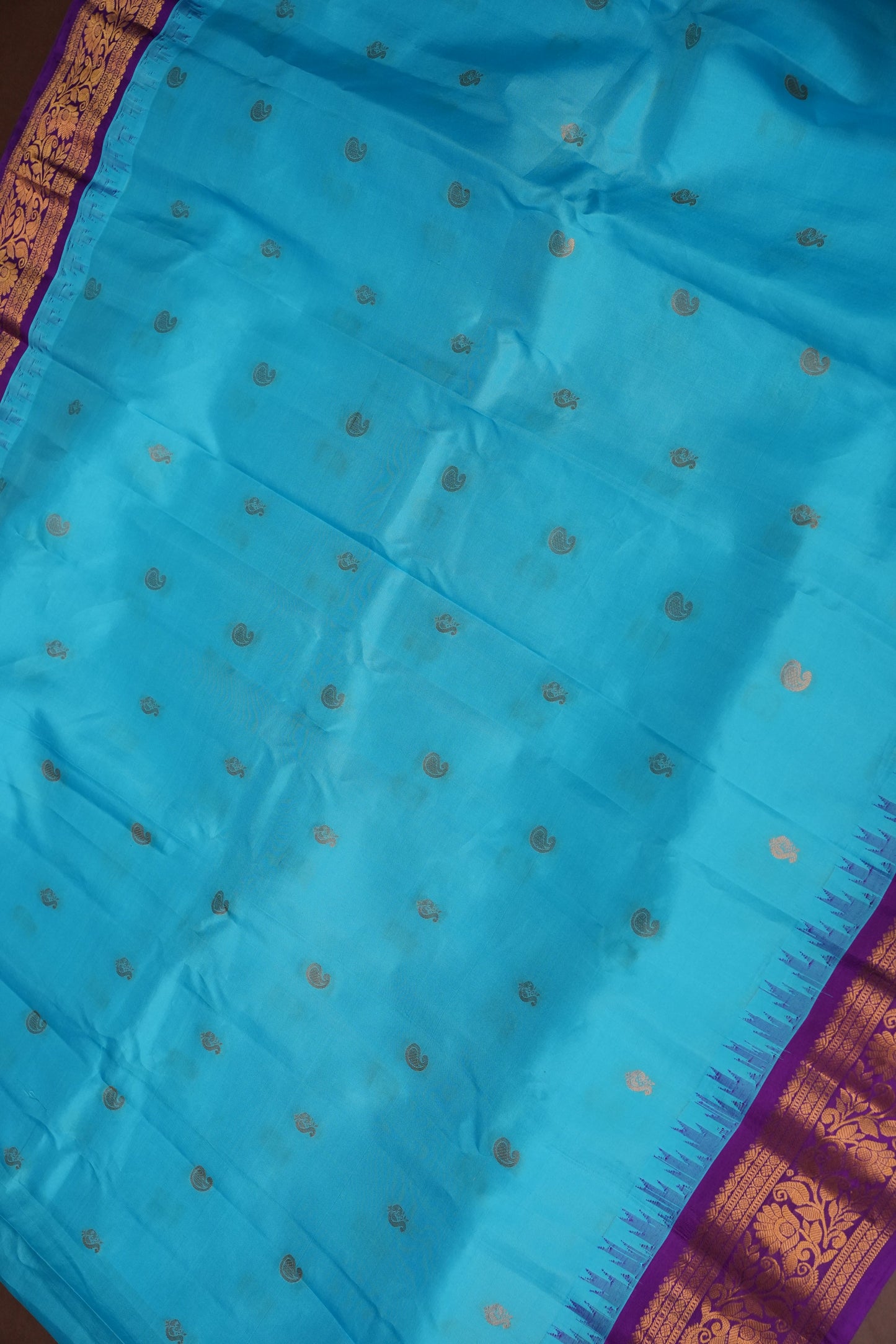 Pure Gadwal Silk Saree - Turquoise Blue with Deep Purple|Silk Mark Certified