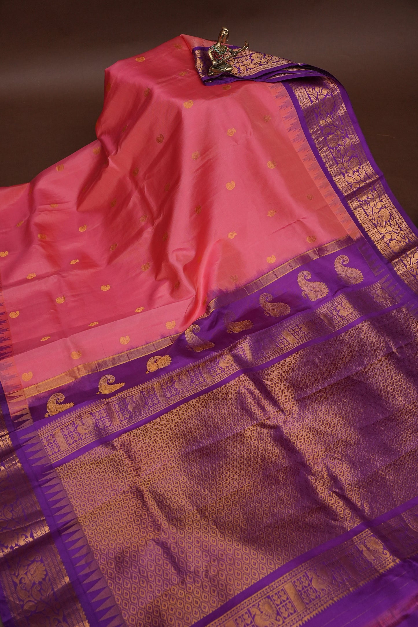 Pure Gadwal Silk Saree - Candy Pink with Deep Purple|Silk Mark Certified