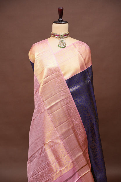 Pure Kanchipuram Silk Saree with Rich 2 Gram Gold Zari Weave - Navy Blue & Blush Pink