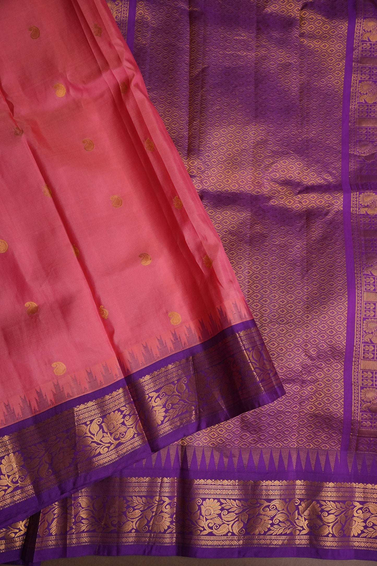 Pure Gadwal Silk Saree - Candy Pink with Deep Purple|Silk Mark Certified