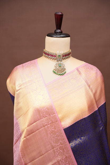Pure Kanchipuram Silk Saree with Rich 2 Gram Gold Zari Weave - Navy Blue & Blush Pink