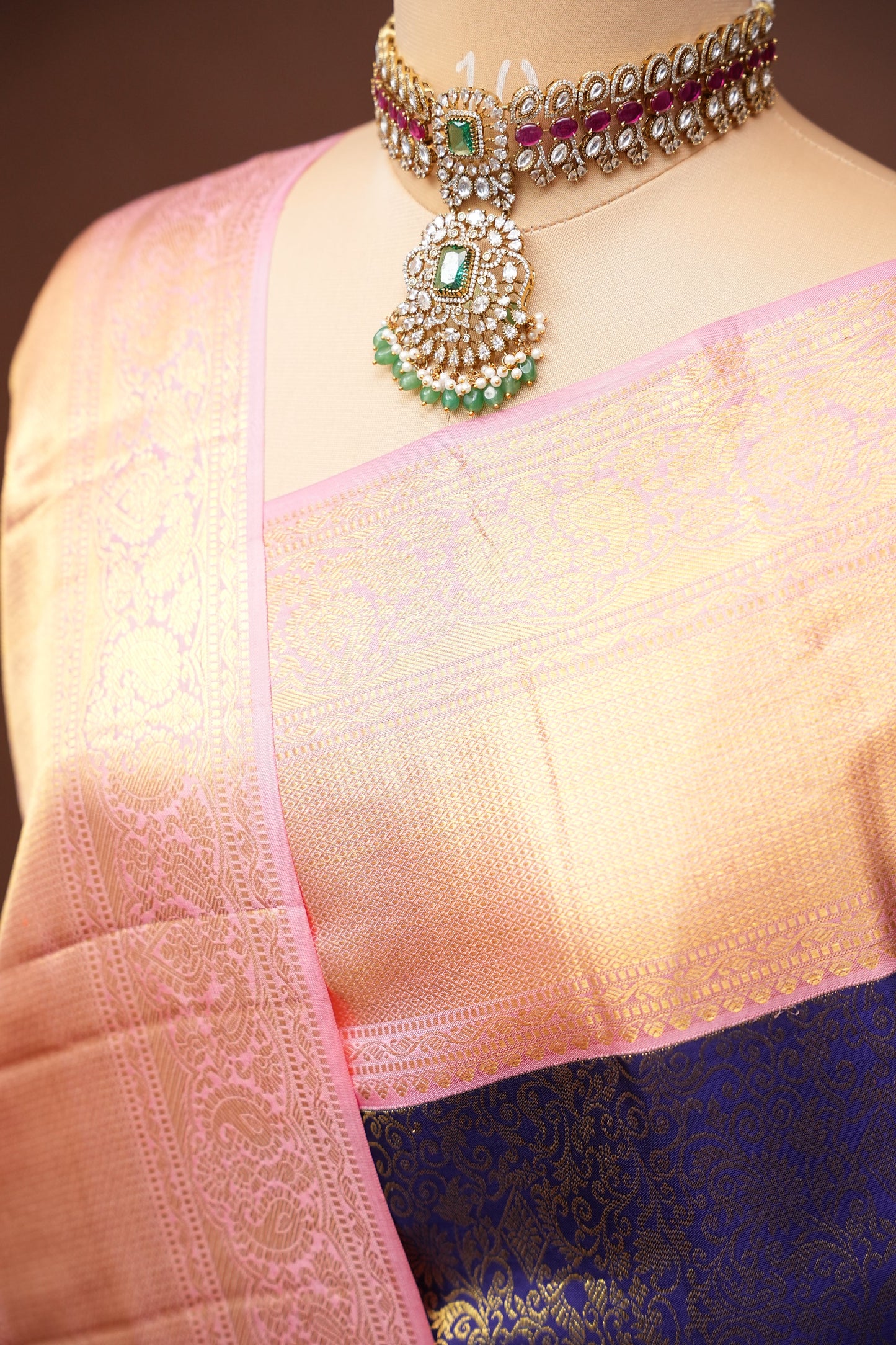 Pure Kanchipuram Silk Saree with Rich 2 Gram Gold Zari Weave - Navy Blue & Blush Pink