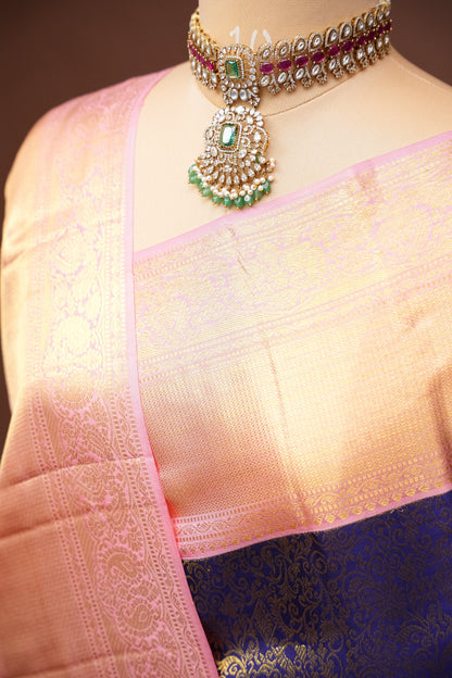 Pure Kanchipuram Silk Saree with Rich 2 Gram Gold Zari Weave - Navy Blue & Blush Pink