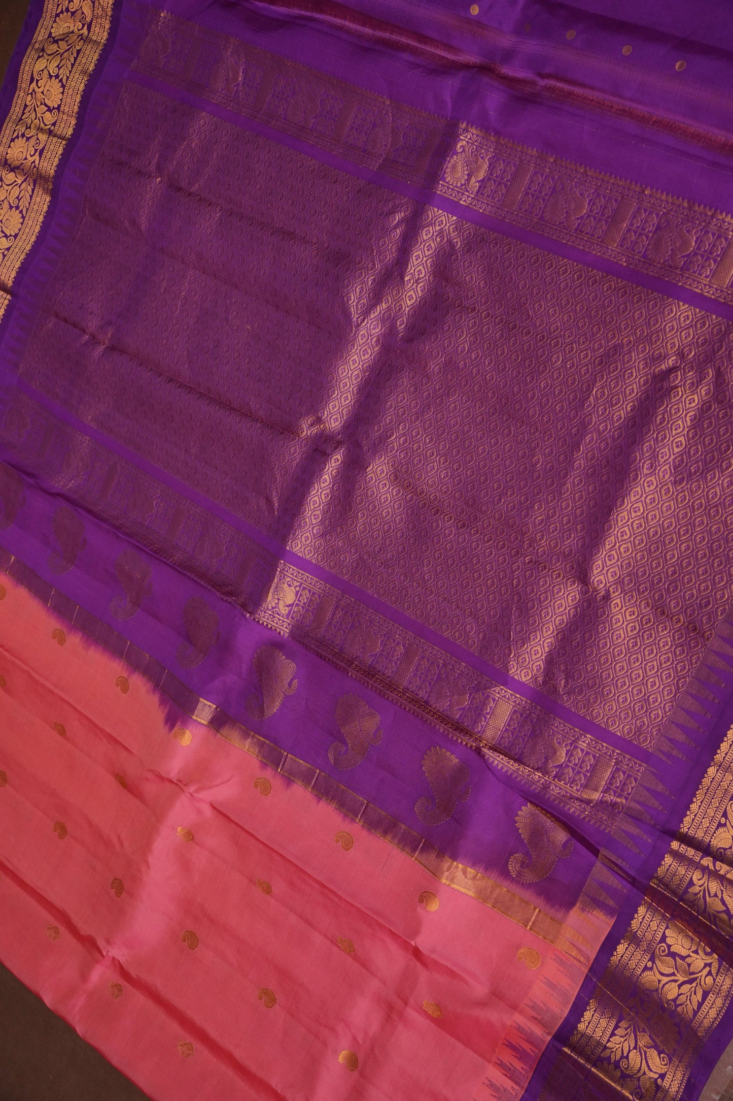 Pure Gadwal Silk Saree - Candy Pink with Deep Purple|Silk Mark Certified
