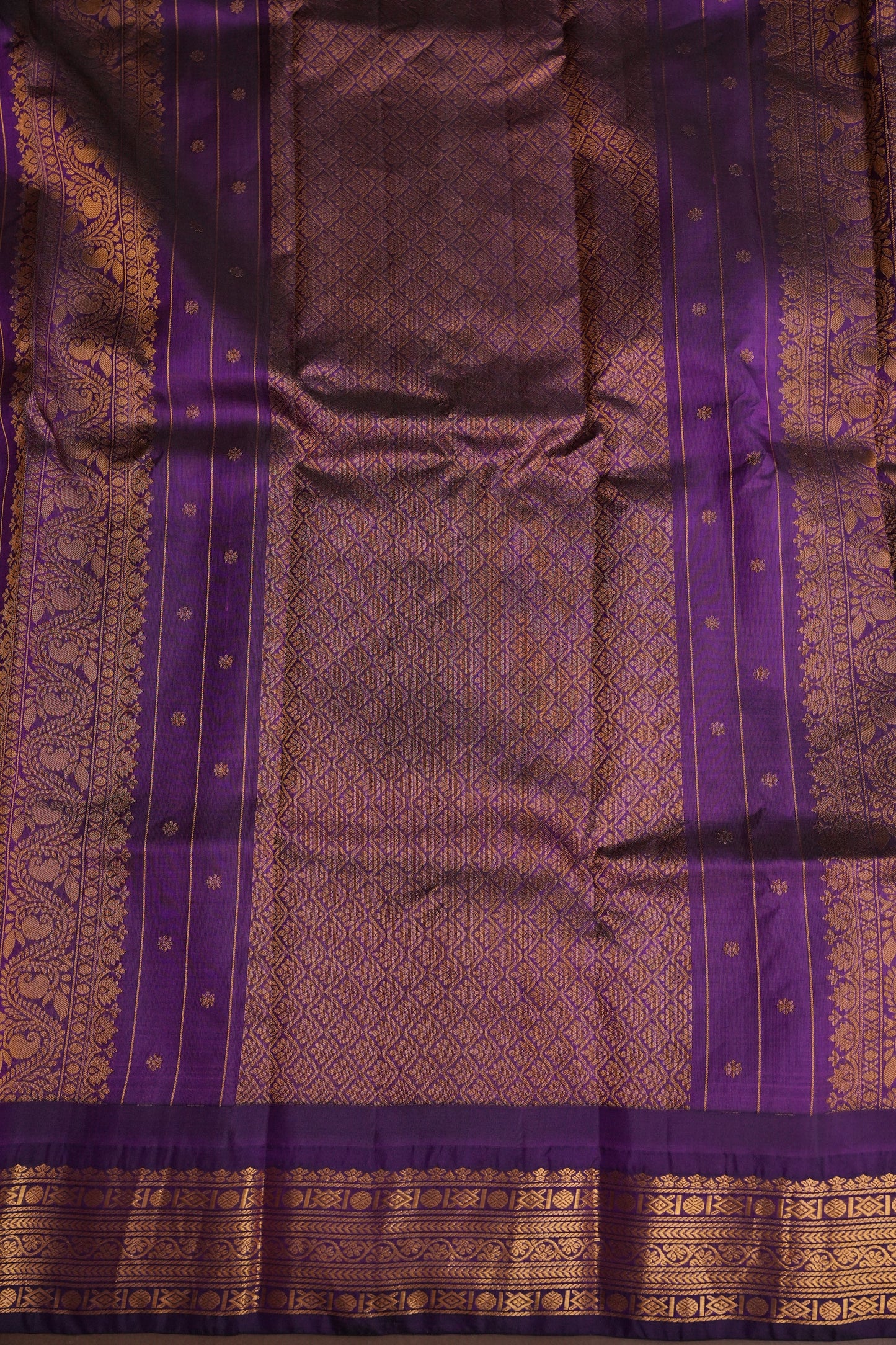 Pure Gadwal Silk Saree - Beige with Deep Purple|Silk Mark Certified