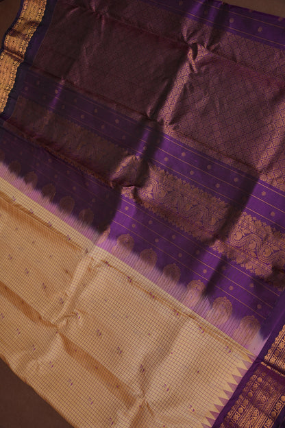 Pure Gadwal Silk Saree - Beige with Deep Purple|Silk Mark Certified