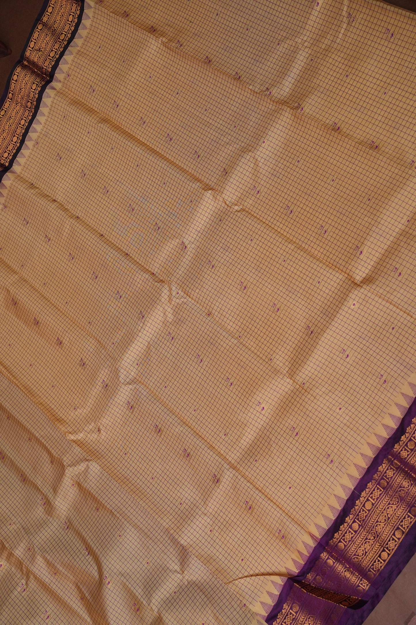 Pure Gadwal Silk Saree - Beige with Deep Purple|Silk Mark Certified
