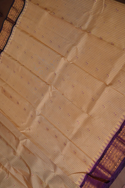 Pure Gadwal Silk Saree - Beige with Deep Purple|Silk Mark Certified