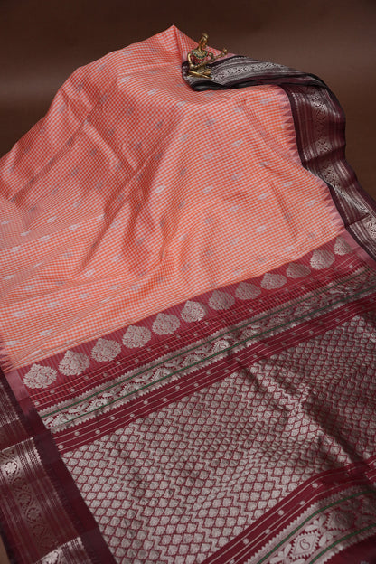 Pure Gadwal Silk Saree - Peach with Maroon|Silk Mark Certified