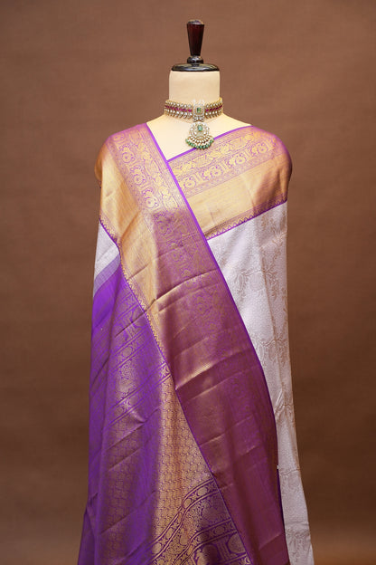 Pure Kanchipuram Silk Saree with 2 Gram Rich Gold Zari Weave - Lavender & Rich Purple|Silk Mark Certified!