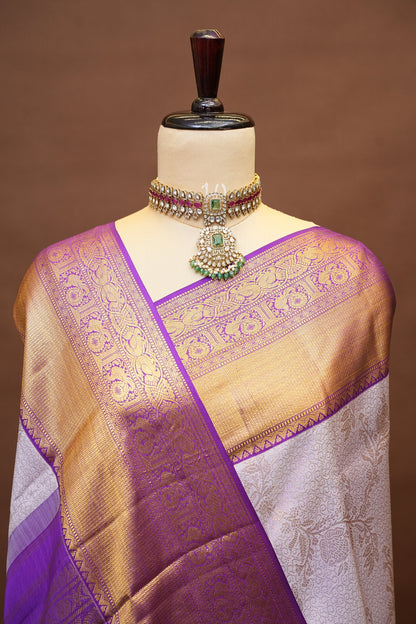 Pure Kanchipuram Silk Saree with 2 Gram Rich Gold Zari Weave - Lavender & Rich Purple|Silk Mark Certified!