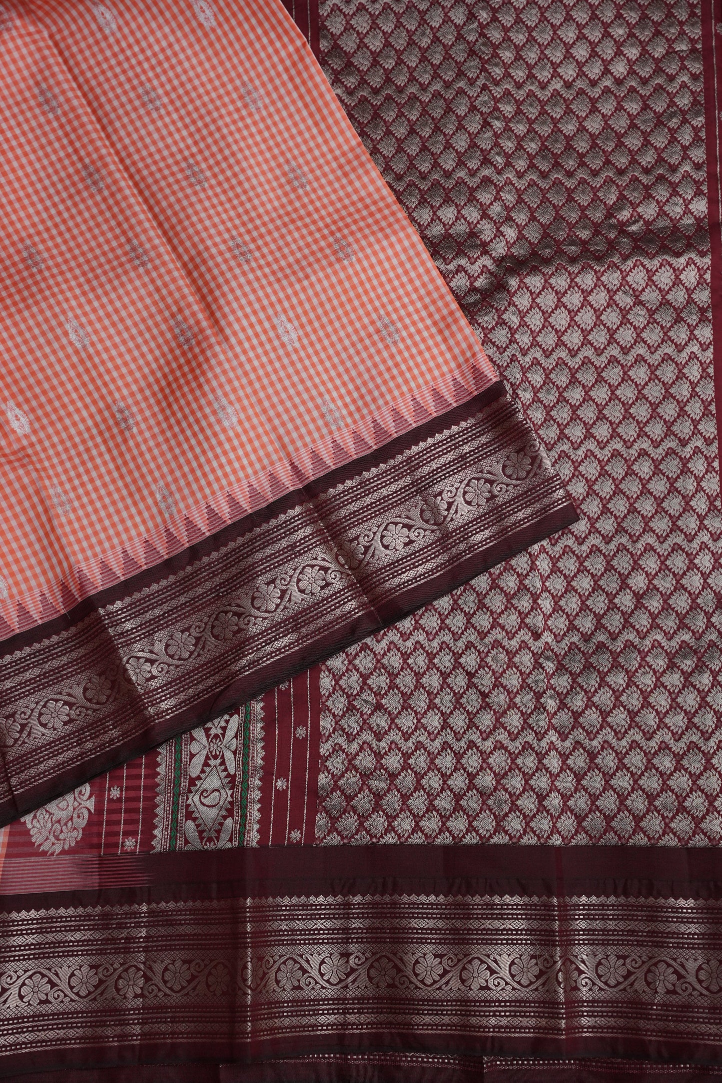 Pure Gadwal Silk Saree - Peach with Maroon|Silk Mark Certified