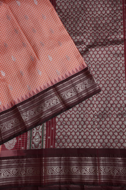 Pure Gadwal Silk Saree - Peach with Maroon|Silk Mark Certified