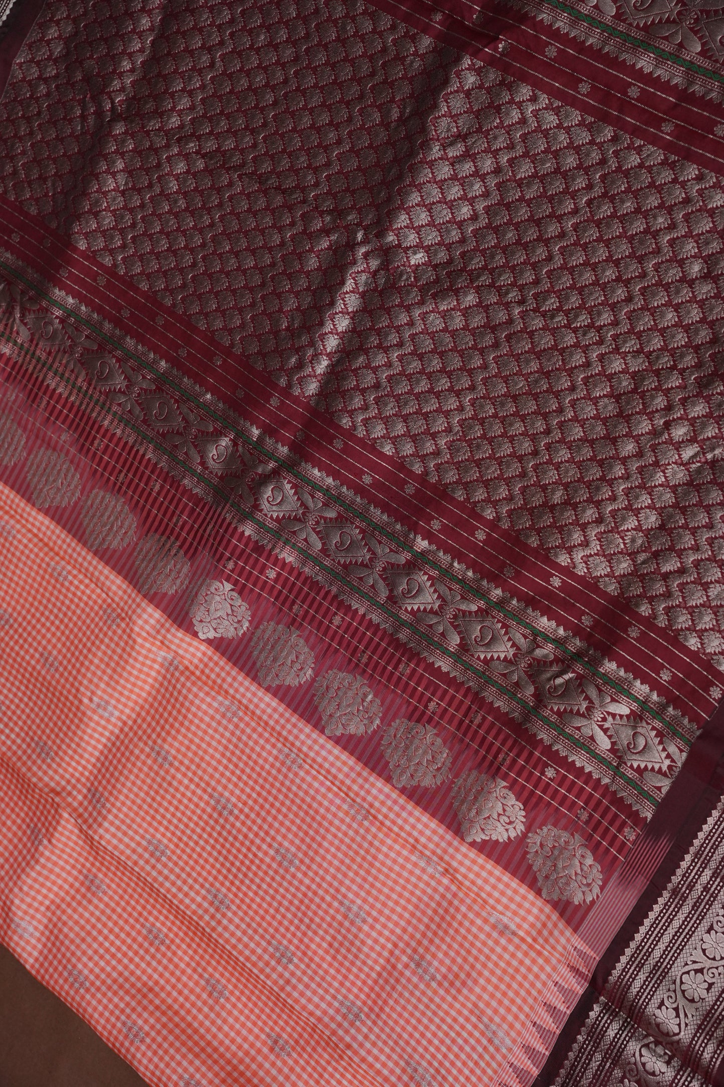Pure Gadwal Silk Saree - Peach with Maroon|Silk Mark Certified