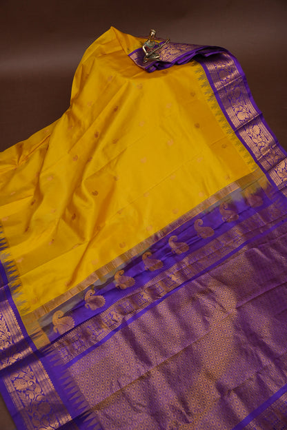 Pure Gadwal Silk Saree - Yellow with Purple|Silk Mark Certified