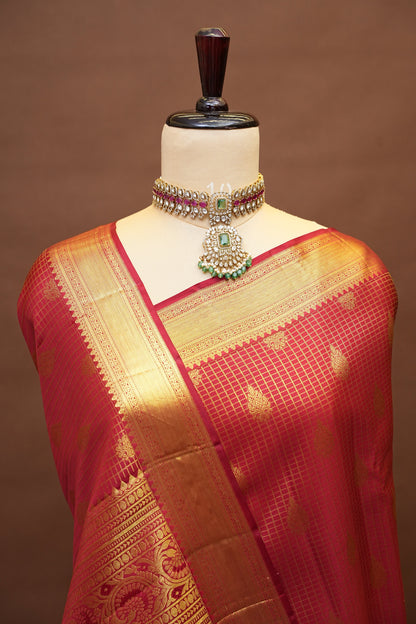 Pure Kanchipuram Silk Saree with Classic Gold Zari Weave - Deep Red