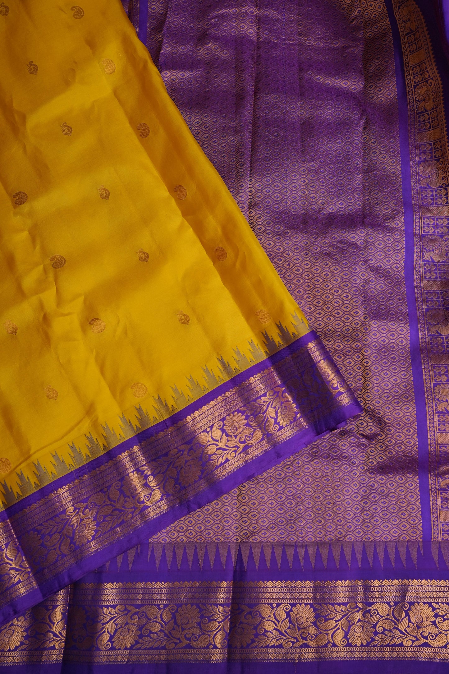 Pure Gadwal Silk Saree - Yellow with Purple|Silk Mark Certified