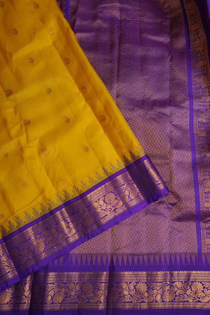 Pure Gadwal Silk Saree - Yellow with Purple|Silk Mark Certified