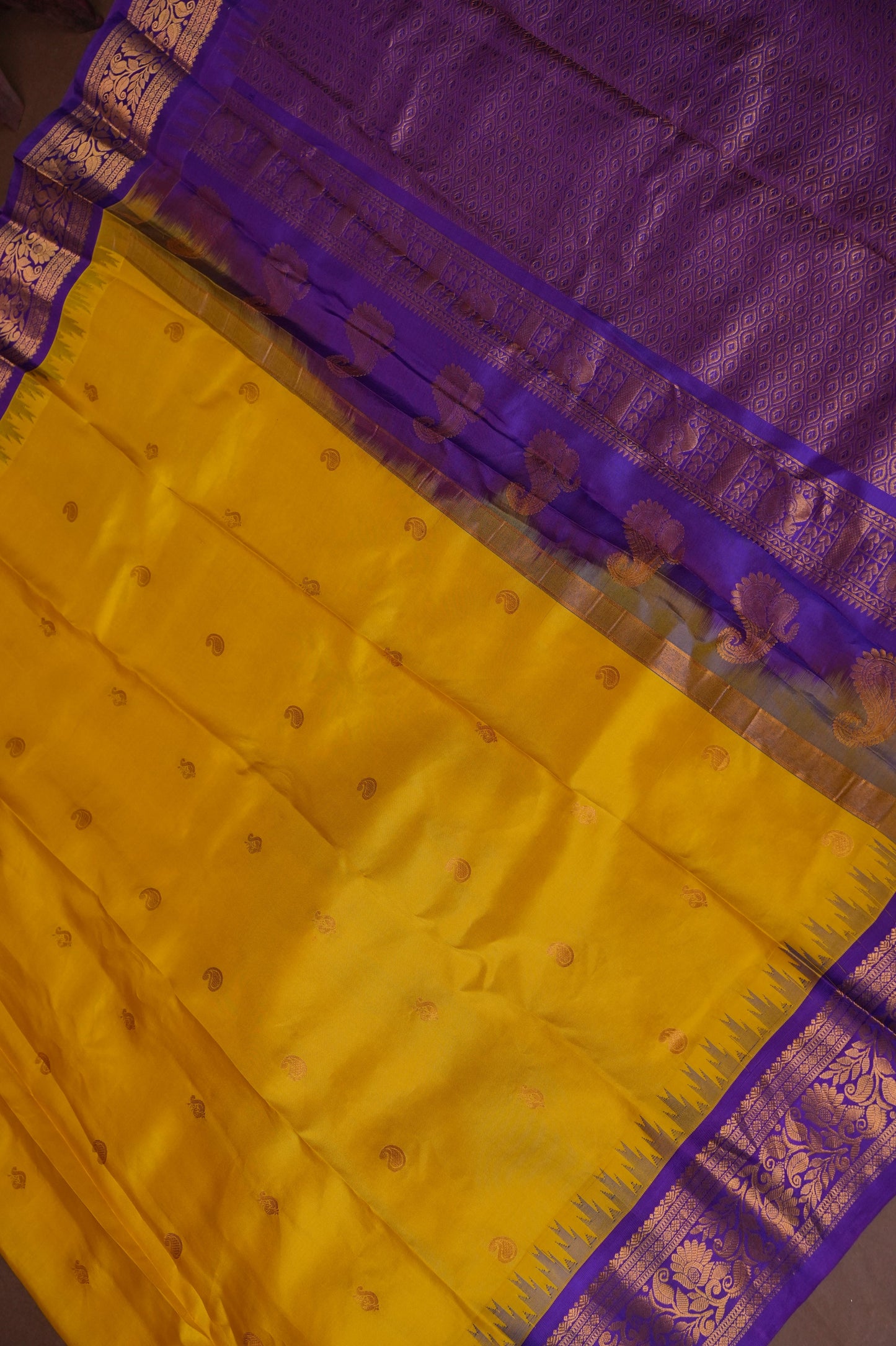 Pure Gadwal Silk Saree - Yellow with Purple|Silk Mark Certified