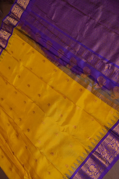 Pure Gadwal Silk Saree - Yellow with Purple|Silk Mark Certified