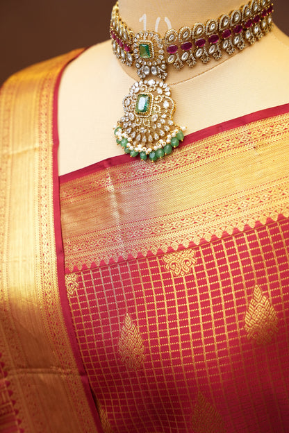 Pure Kanchipuram Silk Saree with Classic Gold Zari Weave - Deep Red