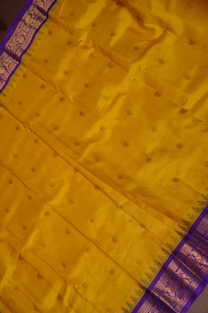 Pure Gadwal Silk Saree - Yellow with Purple|Silk Mark Certified