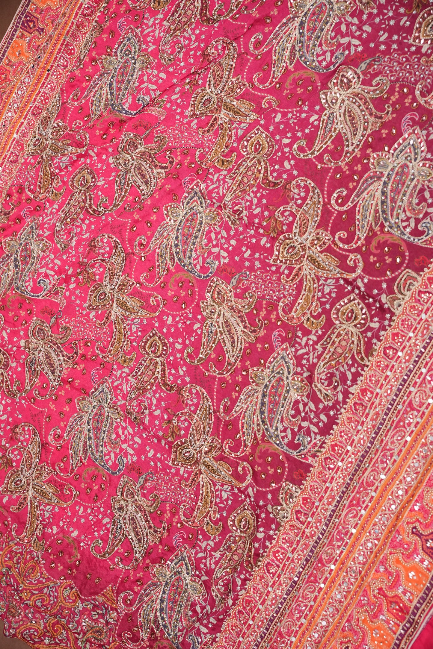 Rani Pink Designer Party Wear Saree with Intricate Paisley Embellishments