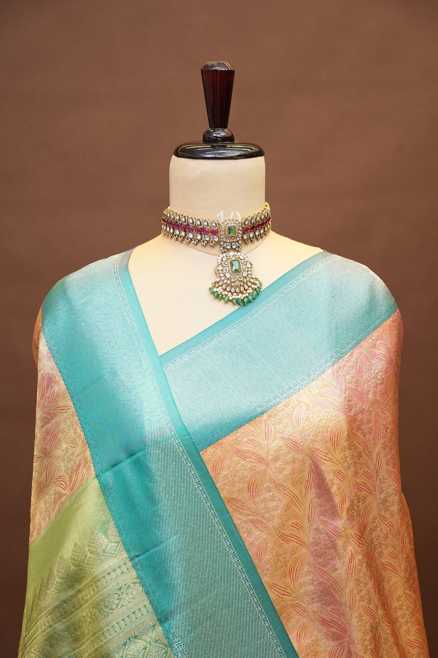 Peach Pure Tissue Kanchipuram Silk Saree With Contrast Aqua Blue Border|Silk Mark Certificate