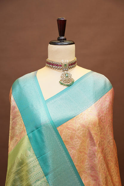 Peach Pure Tissue Kanchipuram Silk Saree With Contrast Aqua Blue Border|Silk Mark Certificate