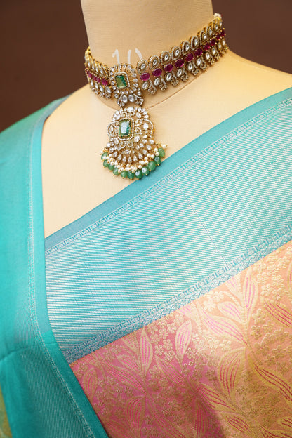 Peach Pure Tissue Kanchipuram Silk Saree With Contrast Aqua Blue Border|Silk Mark Certificate