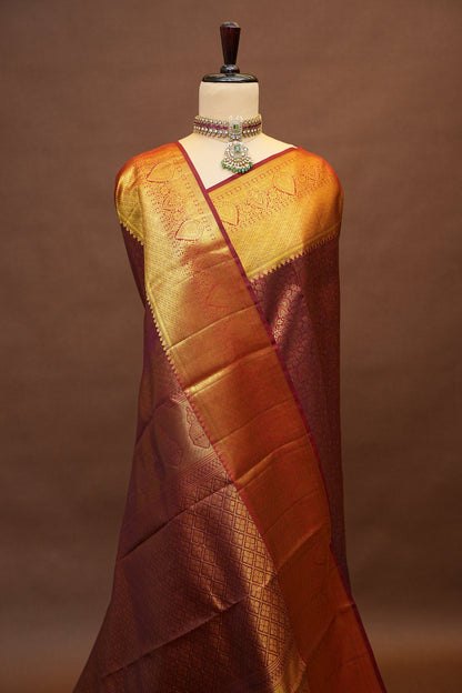 Pure Kanchipuram Silk Saree with Rich Zari Weave - Antique Gold & Maroon