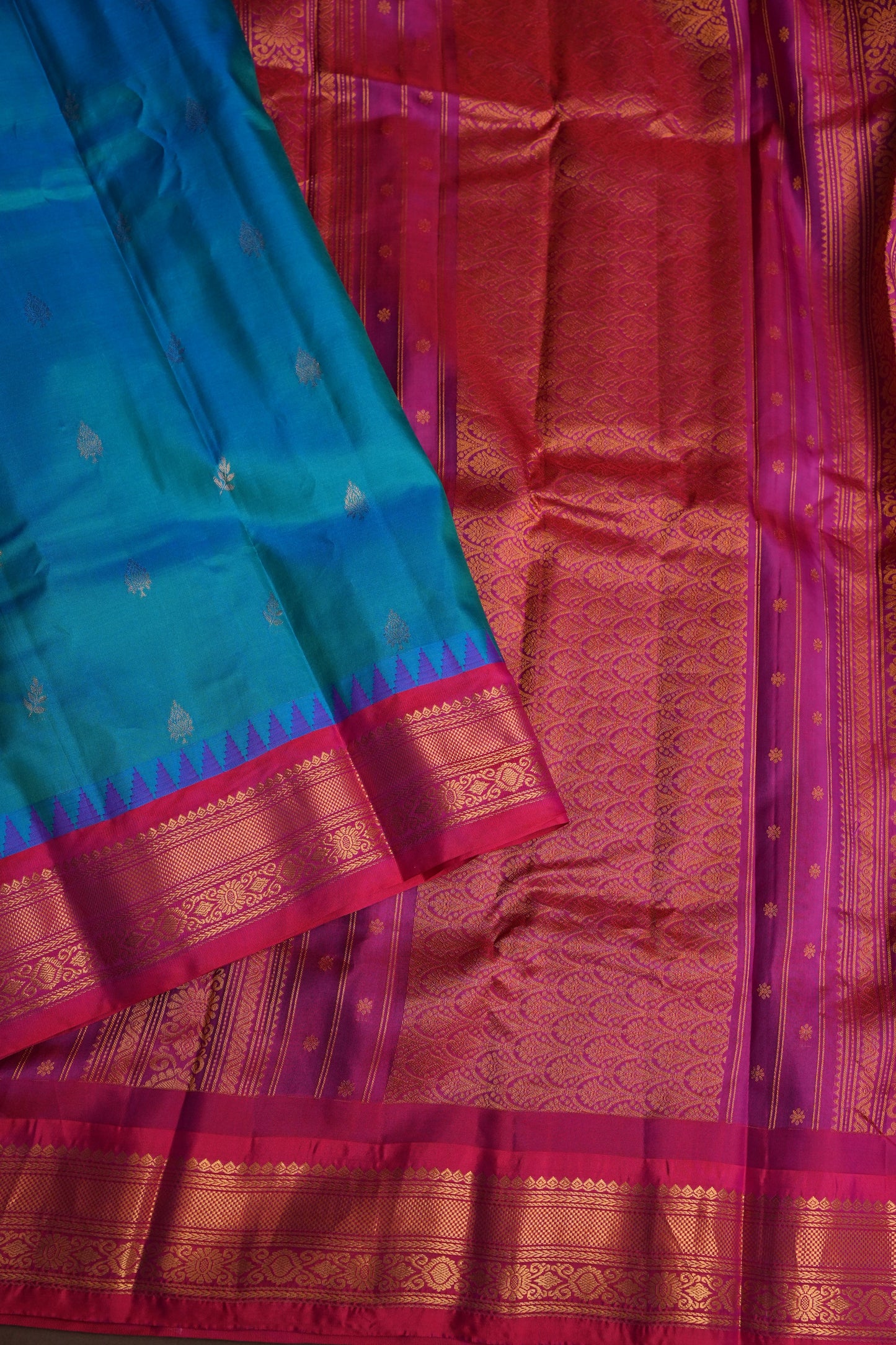 Pure Gadwal Silk Saree - Blue with Pink|Silk Mark Certified