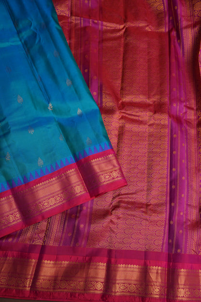 Pure Gadwal Silk Saree - Blue with Pink|Silk Mark Certified