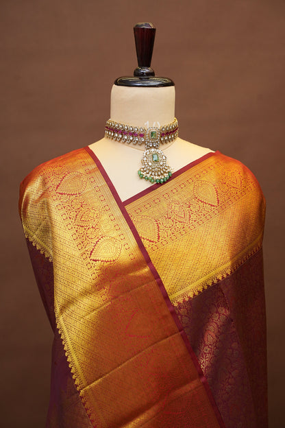 Pure Kanchipuram Silk Saree with Rich Zari Weave - Antique Gold & Maroon