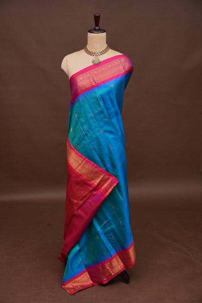 Pure Gadwal Silk Saree - Blue with Pink|Silk Mark Certified