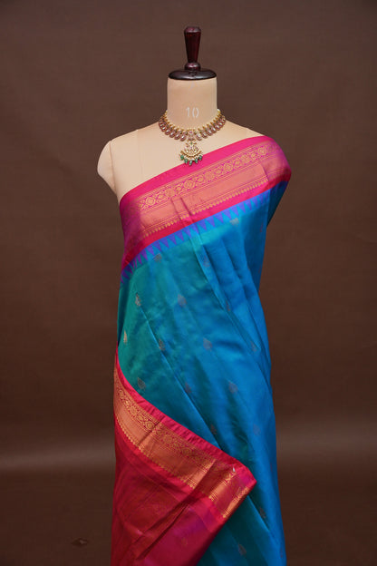 Pure Gadwal Silk Saree - Blue with Pink|Silk Mark Certified