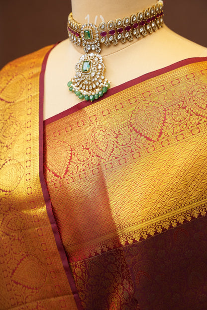 Pure Kanchipuram Silk Saree with Rich Zari Weave - Antique Gold & Maroon