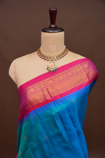 Pure Gadwal Silk Saree - Blue with Pink|Silk Mark Certified