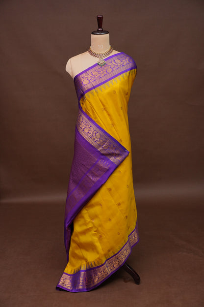 Pure Gadwal Silk Saree - Yellow with Purple|Silk Mark Certified