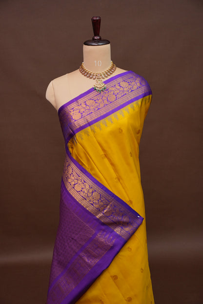 Pure Gadwal Silk Saree - Yellow with Purple|Silk Mark Certified